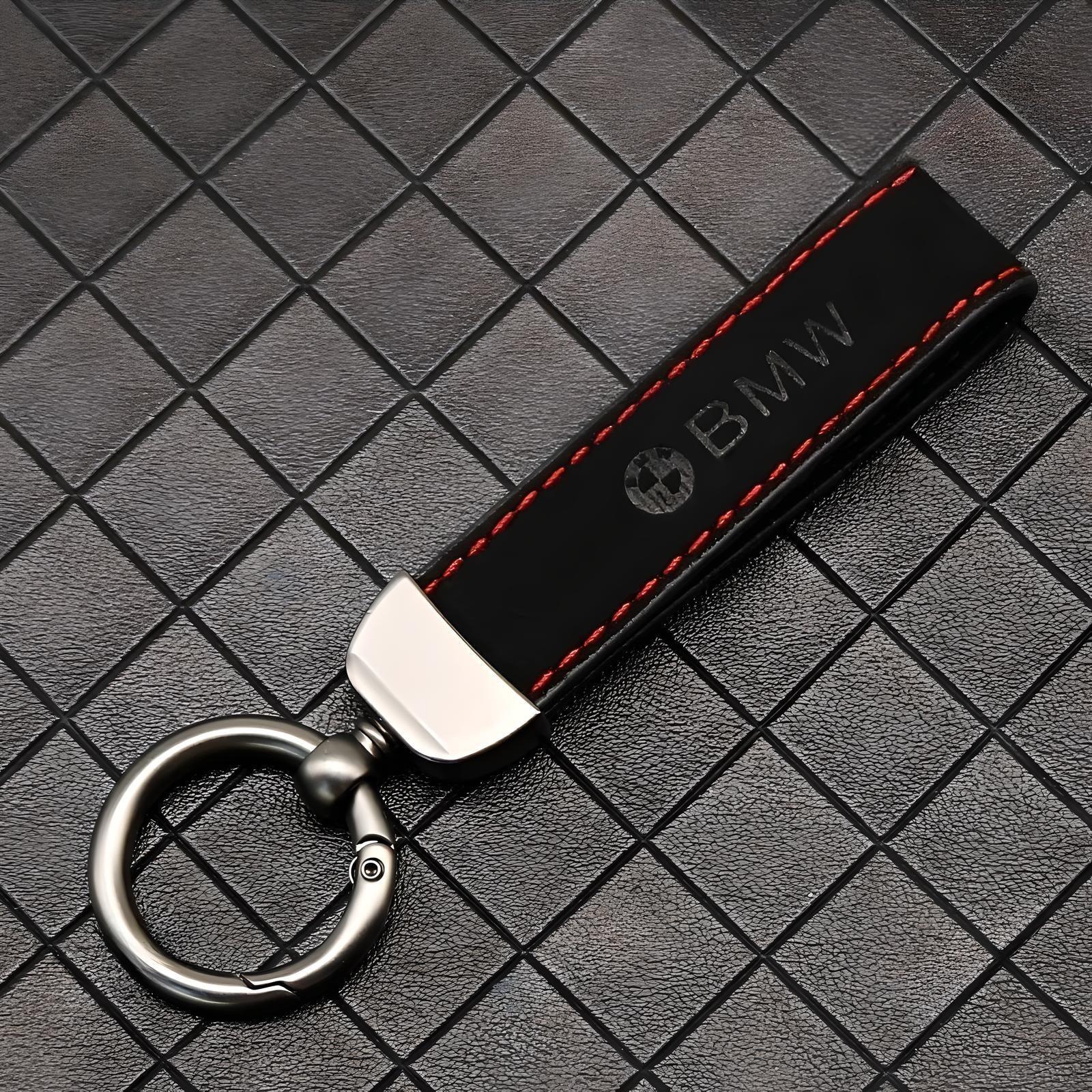 BMW Leather Keychain – Black with Red Stitching – Compatible with BMW – Exterior